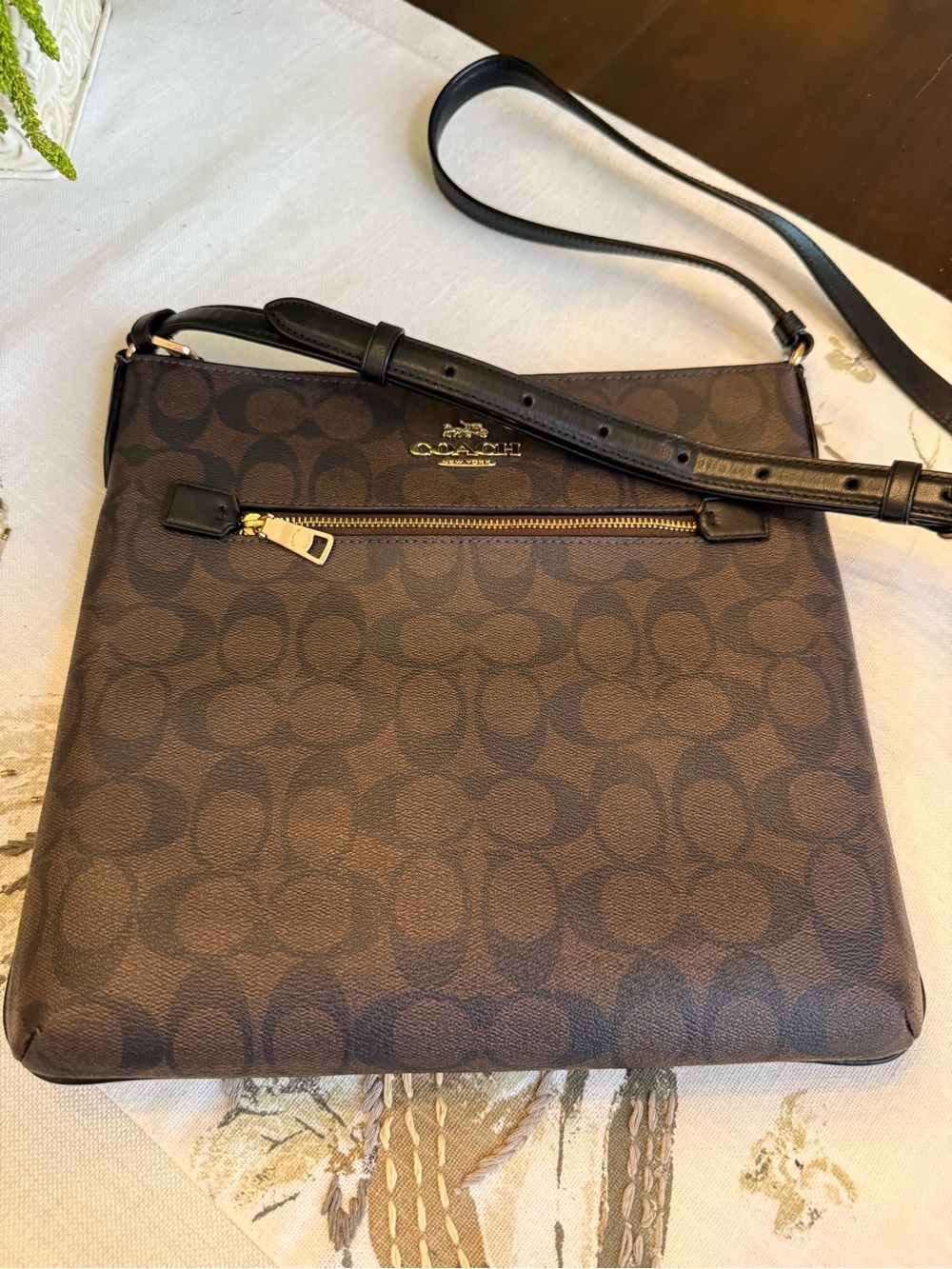 Coach Brown Signature Crossbody with Black Strap and Gold Hardware